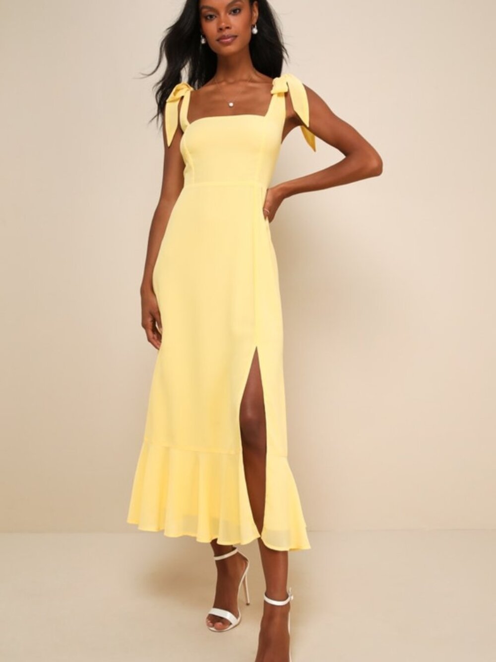 Lulus Summer Invite Yellow Tie-strap Tiered Midi Dress - Size M